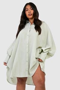 Boohoo Plus Gestreepte Blouse Jurk Met Textuur En Volle Mouwen, Sage
