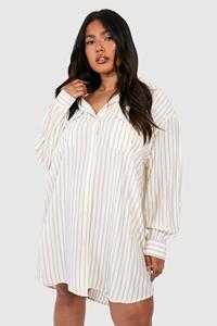 Boohoo Plus Oversized Gestreepte Blouse Jurk, Stone