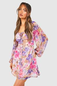 Boohoo Chiffon Bloemen Melkmeisjes Mini Jurk Met Ballonmouwen, Multi