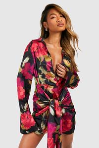 Boohoo Bloemen Blouse Jurk Met Strik, Black