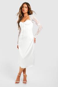 Boohoo Satijnen Midi Jurk Met Kanten Mouwen, Ivory