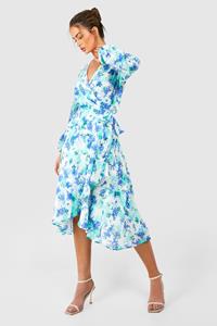 Boohoo Bloemen Midi Wikkeljurk Met Ceintuur, Blue