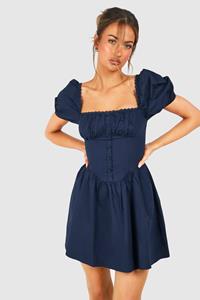 Boohoo Katoenen Geplooide Melkmeisjes Mini Jurk Met Pofmouwen, Navy