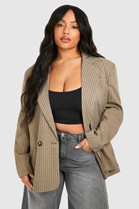 Boohoo Plus Linnen Look Blazer Met Dubbele Knopen En Krijtstrepen, Taupe