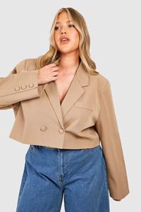 Boohoo Plus Double Breasted Boxy Crop Blazer, Taupe