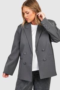 Boohoo Plus Double Breasted Relaxed Fit Tailored Blazer, Charcoal