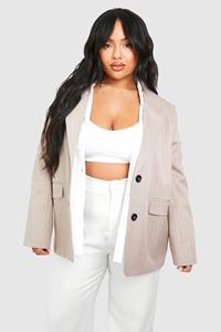 Boohoo Plus Oversized Gestreepte Boyfriend Blazer, Stone