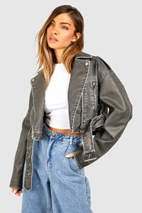 Boohoo Vintage Look Faux Leather Crop Biker Jacket, Grey