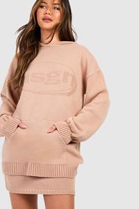 Boohoo Gebreide Dsgn Hoodie Met Reliëf En Mini Rokje Set, Nude