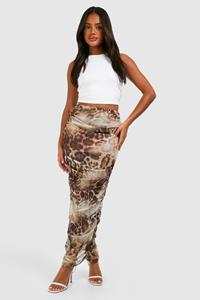 Boohoo Ruched Mesh Leopard Printed Maxi Skirt, Black