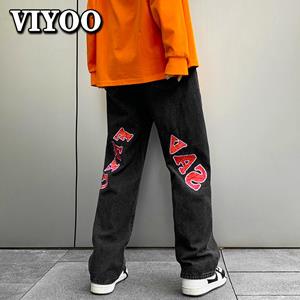 VIYOO Mannen Traf High Street Bedrukte Zwarte Slanke Jeans Y2K Kleding Streetwear Rechte Broek Losse Wijde Pijpen Jeans Hip-hop Broek Voor Mannen