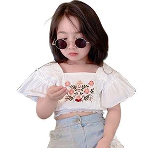 Selfyi Sweet Girl Shirt Embroidery Lace Shirt Short Top Childrens Clothing