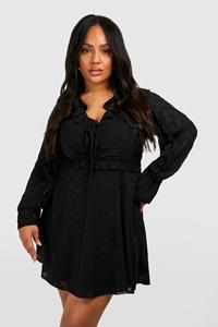 Boohoo Plus Jaquard Bloemen Mini Jurk Met Ruches, Black