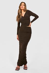 Boohoo Strakke Geplooide Maxi Rok, Chocolate