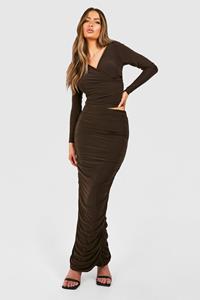 Boohoo Ruched Slinky Maxi Skirt, Chocolate