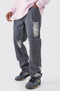 Boohoo Onbewerkte Versleten Baggy Jeans Met Tekst, Grey