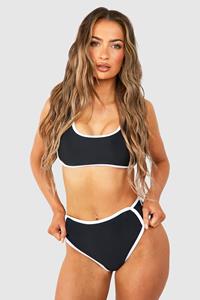 Boohoo High Waist Bikini Set Met Contrasterende Naden, Black