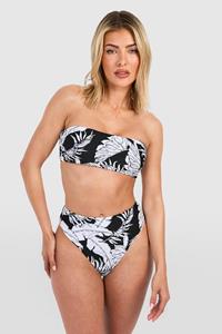 Boohoo Tropical Bandeau High Waist Bikini Set, Black