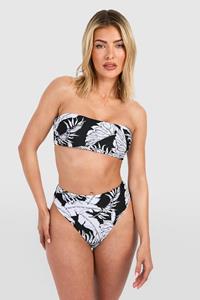 Boohoo Tropische Bandeau Bikini Set Met Hoge Taille, Black