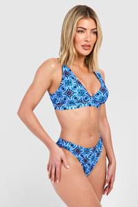 Boohoo Tile Print Padded Plunge Bikini Set, Blue