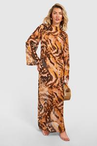 Boohoo Mini Strand Jurk Met Print En Open Rug, Brown