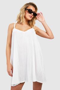Boohoo Crinkle Shell Straps Beach Mini Dress, White