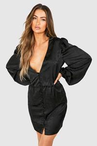 Boohoo Jaquard Mini Jurk Met Shirtmouwen, Black