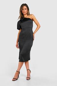 Boohoo Asymmetrische Satijnen Midi Jurk Met Pofmouwen, Black