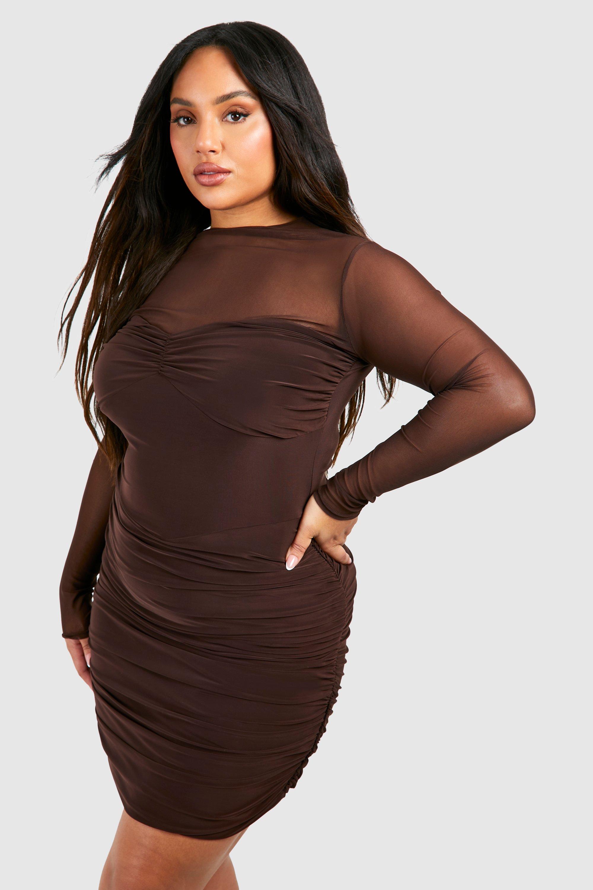 Boohoo Plus Ruched Slinky Bodycon Dress, Chocolate