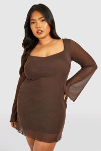 Boohoo Plus Mesh Mini Jurk Met Wijde Mouwen, Chocolate