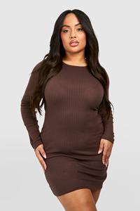 Boohoo Plus Geribbelde Jurk Met Rug Strik En Wijde Mouwen, Chocolate