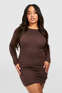 Boohoo Plus Tie Back Flare Sleeve Rib Dress, Chocolate