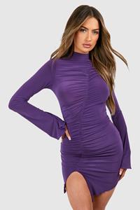 Boohoo Strakke Geplooide Bodycon Jurk Met Lange Mouwen, Plum