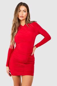 Boohoo Wrap Over Slinky Bodycon Dress, Red