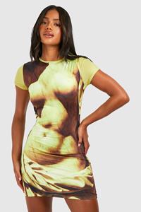 Boohoo Body Print Slinky Short Sleeve Bodycon Dress, Chartreuse