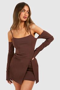 Boohoo Bengaline Bodycon Jurk Met Bandjes, Chocolate