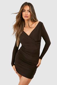 Boohoo V Neck Ruched Slinky Mini Dress, Chocolate