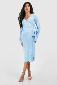Boohoo Maternity Plisse Wrap Belted Midi Dress, Light Blue
