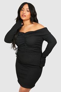 Boohoo Plus Geplooide Off Shoulder Bodycon Jurk Met Textuur, Black