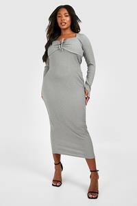 Boohoo Plus Midaxi Jurk Met Textuur En Strik, Grey
