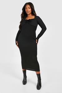 Boohoo Plus Midaxi Jurk Met Textuur En Strik, Black