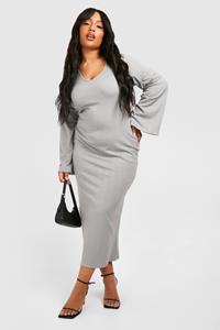 Boohoo Plus Geribbelde Jurk Met Wijde Mouwen, Grey