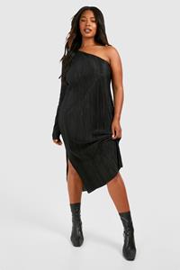 Boohoo Plus Plisse Off Shoulder Midi Jurk Met Split, Black