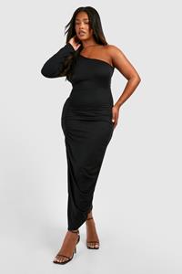 Boohoo Plus Super Zachte Geplooide Midaxi Jurk Met Eén Blote Schouder En Split, Black
