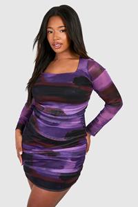 Boohoo Plus Square Neck Ruched Printed Mesh Bodycon Dress, Purple