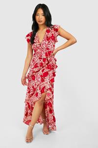 Boohoo Petite Tegelprint Maxi Wikkeljurk Met Ruches, Rust