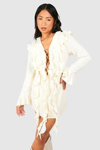 Boohoo Petite Linen Ruffle Boho Mini Dress, Natural