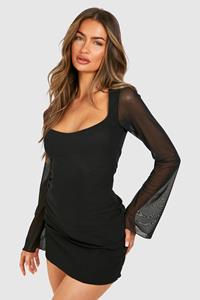 Boohoo Mesh Mini Jurk Met Wijde Mouwen, Black