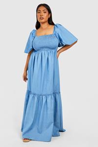 Boohoo Plus Gesmokte Chambray Midaxi Jurk Met Pofmouwen, Blue
