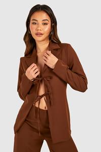 Boohoo Tie Plunge Front Fitted Blazer, Chocolate